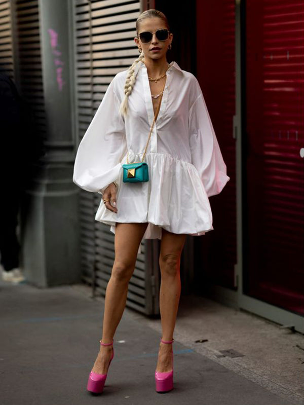 Olivia Bennet | Puff Sleeves Buttoned Solid Color Split-Joint Lapel Mini Dresses Shirt Dress