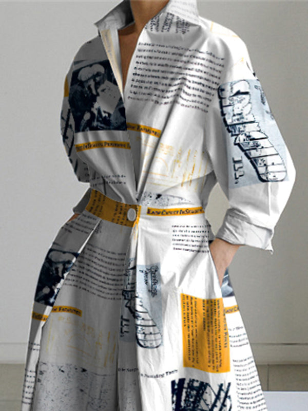 Olivia Bennet | Long Sleeves Loose Newspaper Print Pleated Tied Waist Lapel Midi Dresses Shirt Dress
