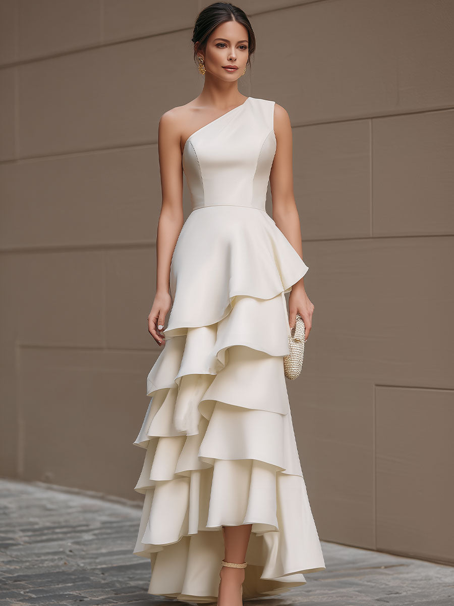 Olivia Bennet | Ivory One-Shoulder Tiered Ruffle Gown
