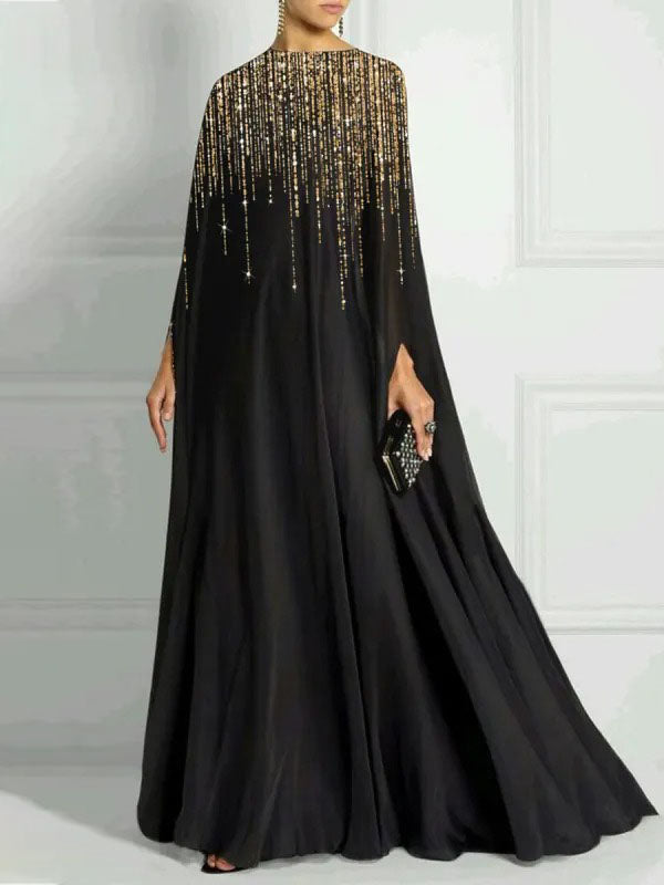 Olivia Bennet | Long Sleeves Loose Rhinestone Round-Neck Maxi Dresses