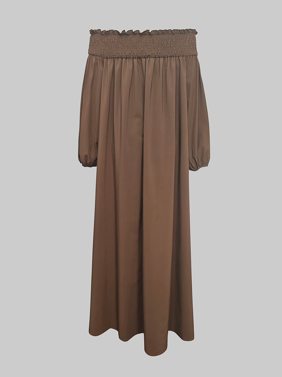 Olivia Bennet | Loose Puff Sleeves Elasticity Pleated Solid Color Off-The-Shoulder Maxi Dresses