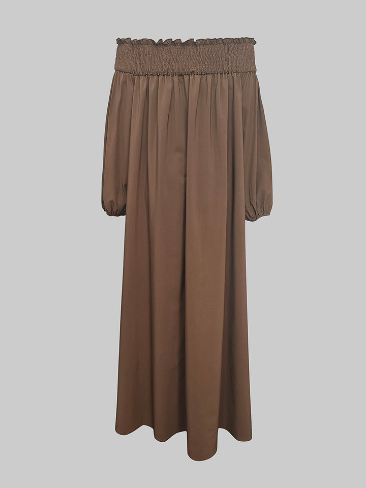 Olivia Bennet | Loose Puff Sleeves Elasticity Pleated Solid Color Off-The-Shoulder Maxi Dresses