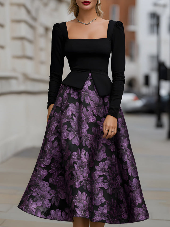 Olivia Bennet | Ivory Peplum Bodice Midi Jacquard Dress