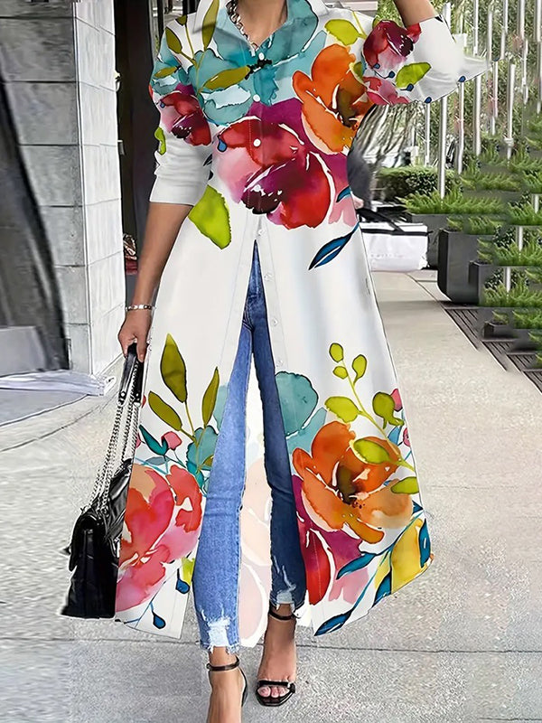 Olivia Bennet | Long Sleeves Loose Buttoned Flower Print Lapel Maxi Dresses Shirt Dress