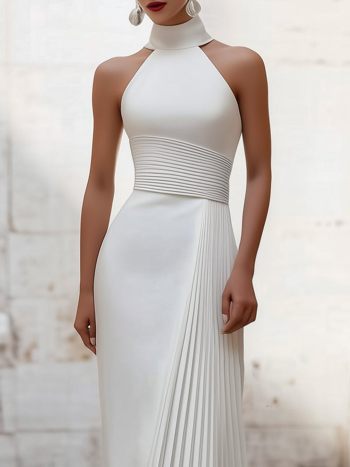 Olivia Bennet | Elegant Satin Pleated Halter-Neck Evening Gown