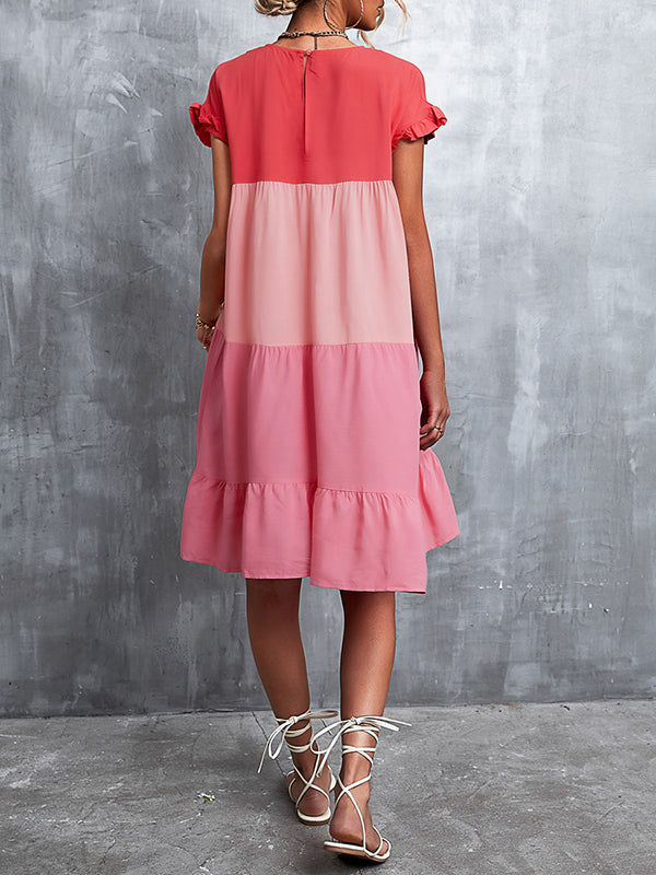 Olivia Bennet | Loose Ruffle Sleeves Contrast Color Falbala Pleated Split-Joint Round-Neck Mini Dresses