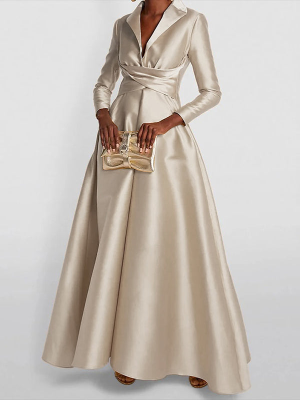 Olivia Bennet | A-Line High Waisted Pleated Solid Color V-Neck Maxi Dresses