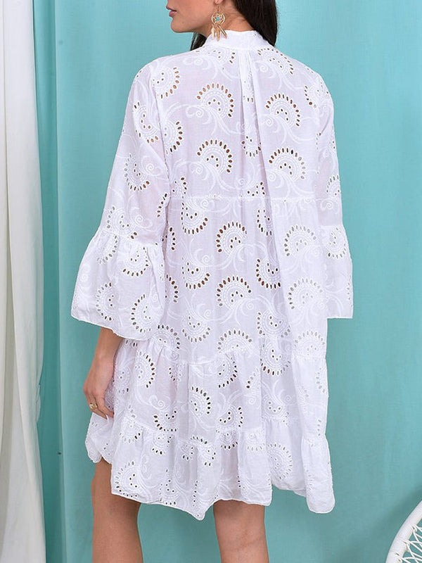 Olivia Bennet | A-Line Flared Sleeves Buttoned Hollow Solid Color Split-Joint V-Neck Mini Dresses