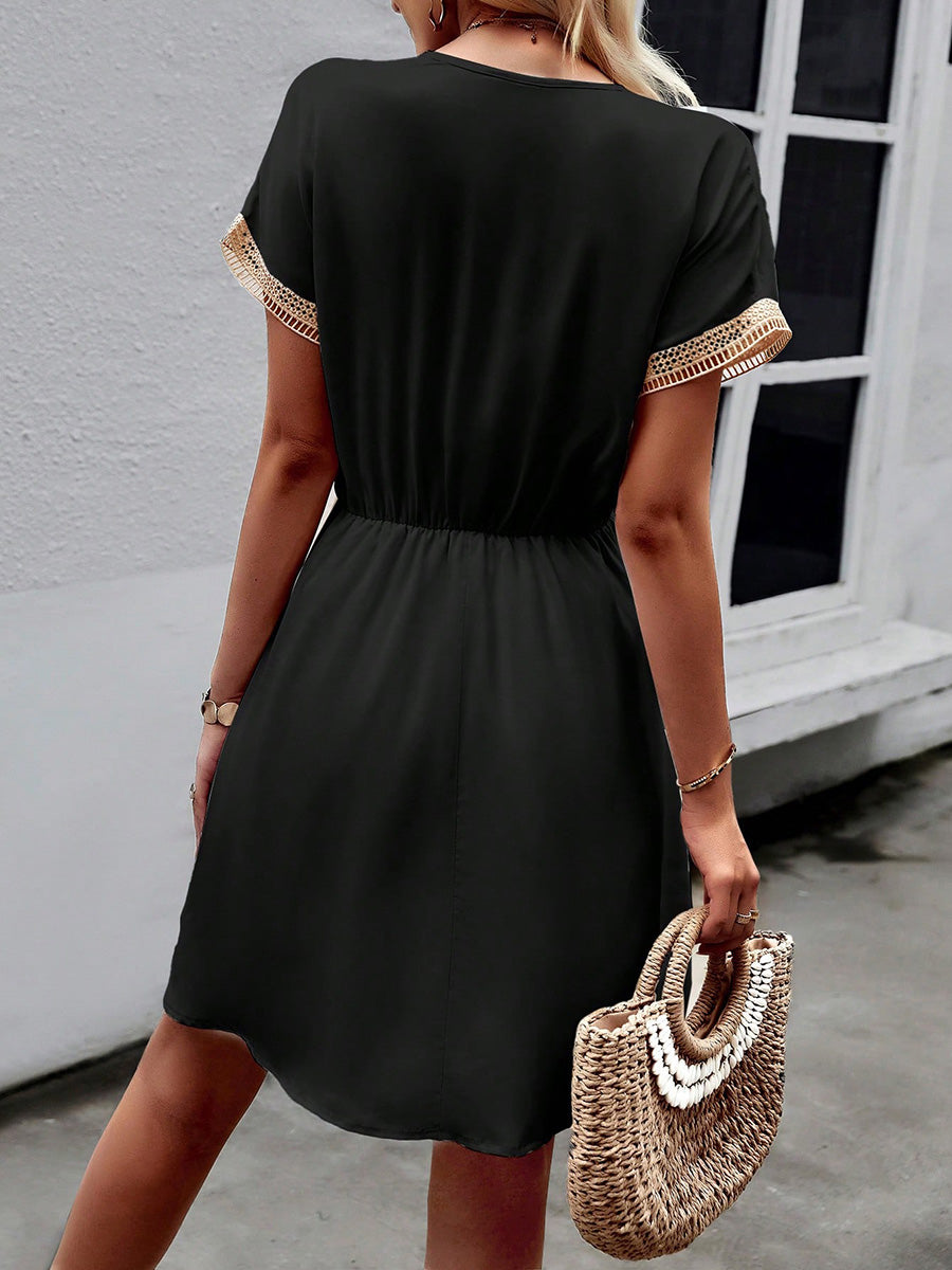 Olivia Bennet | A-Line Elasticated Waist Contrast Color Drawstring Hollow Split-Joint Tasseled Tied V-Neck Mini Dresses