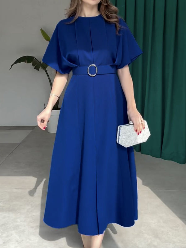 Olivia Bennet | Loose Raglan Sleeve Pleated Split-Front Split-Joint Tied Waist Round-Neck Maxi Dresses