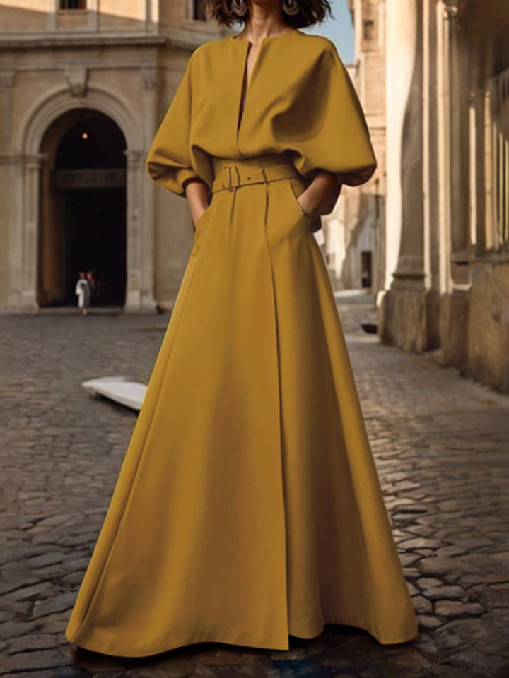 Olivia Bennet | Half Sleeves Loose Belted Solid Color Deep V-Neck Maxi Dresses