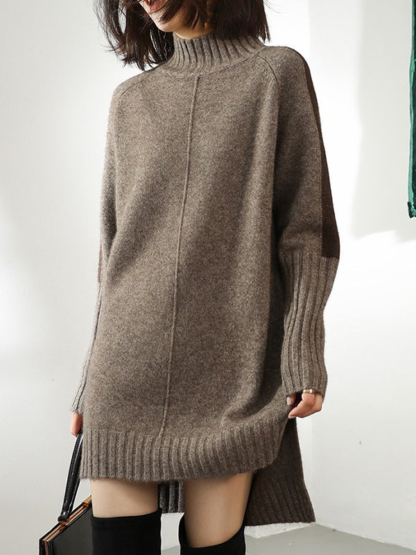 Olivia Bennet | Loose Long Sleeves Contrast Color Half Turtleneck Sweater Dresses