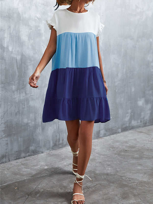 Olivia Bennet | Loose Ruffle Sleeves Contrast Color Falbala Pleated Split-Joint Round-Neck Mini Dresses