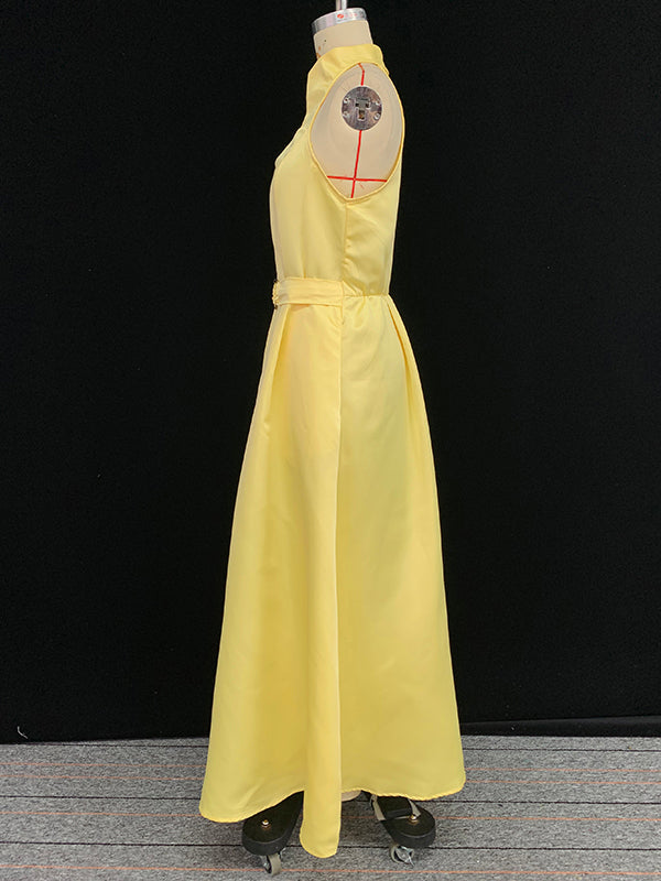Olivia Bennet | A-Line Loose Belted Pleated Pockets Solid Color V-Neck Midi Dresses