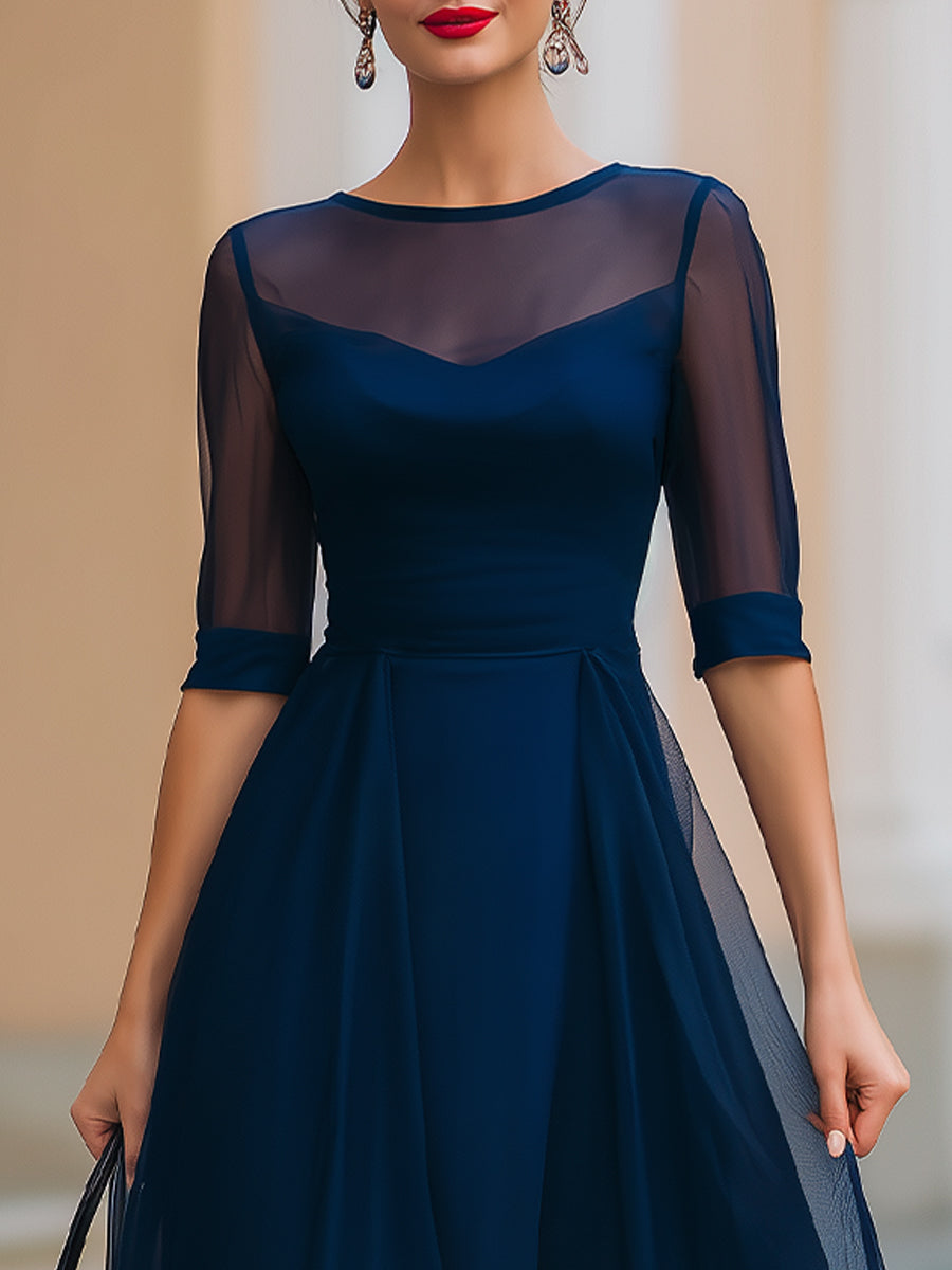 Olivia Bennet | Navy Blue Sheer Overlay Fit-and-Flare Midi Dress