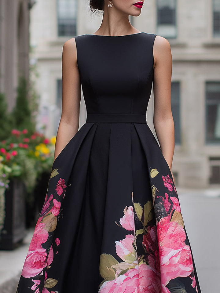 Olivia Bennet | Elegant Sleeveless Midi Dress With Floral Printed Skirt
