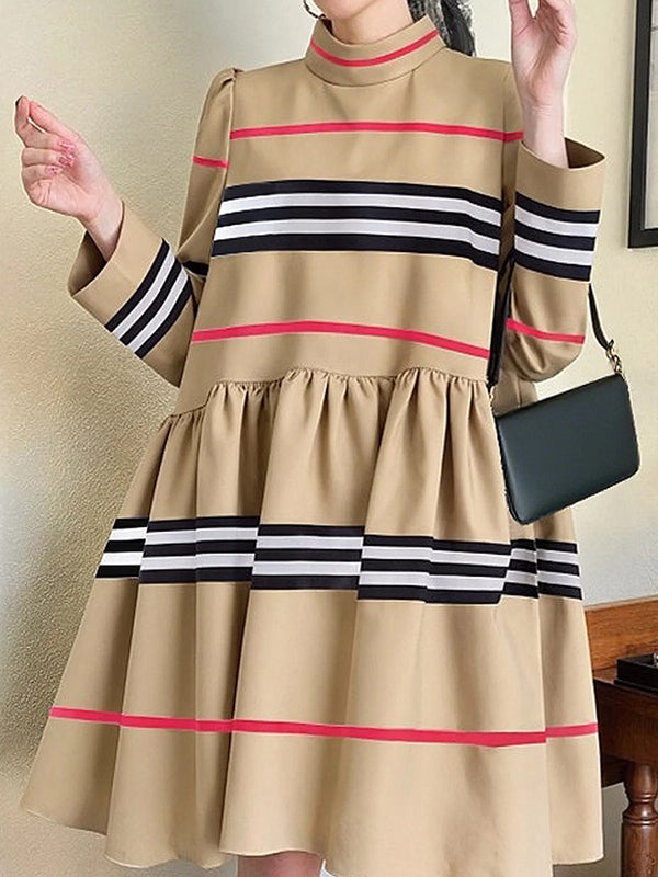 Olivia Bennet | A-Line High Waisted Contrast Color Pleated Striped Zipper Mock Neck Midi Dresses