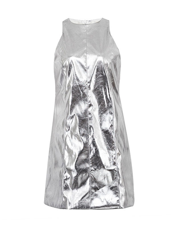 Olivia Bennet | A-line Loose Shiny Solid Color Zipper Round-neck Mini Dresses