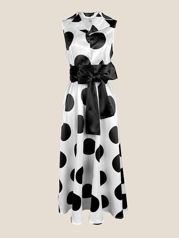 Olivia Bennet | A-Line Sleeveless Polka-Dot Split-Joint Tied Waist Lapel Maxi Dresses Shirt Dress