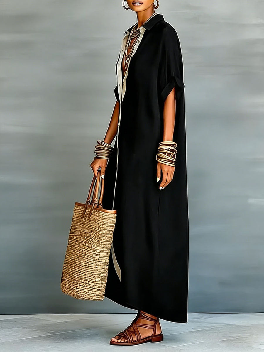 Olivia Bennet | Loose Short Sleeves Buttoned Pockets Split-Joint Lapel Maxi Dresses