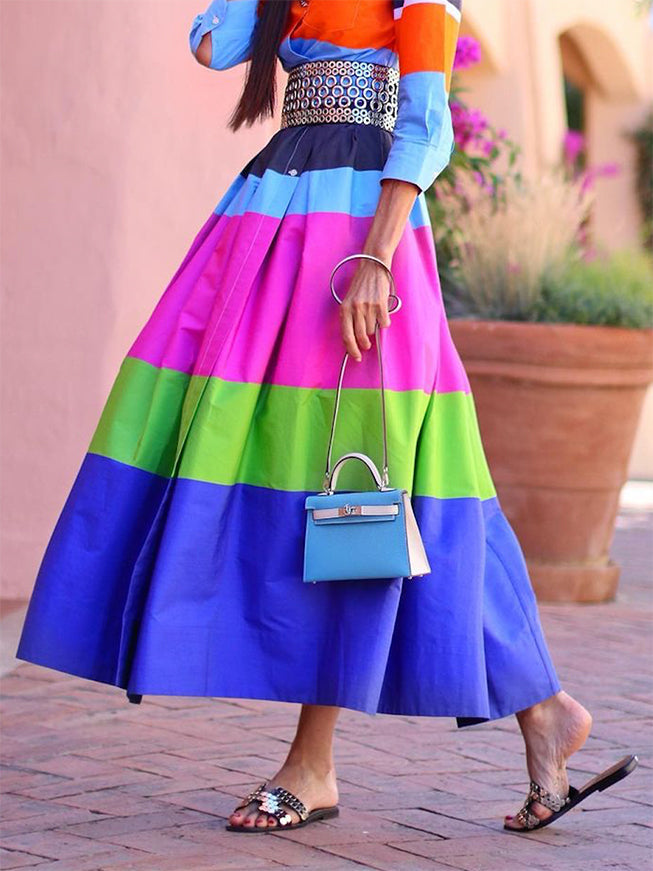 Olivia Bennet | Loose Three-Quarter Sleeves Buttoned Contrast Color Striped Lapel Collar Midi Dresses