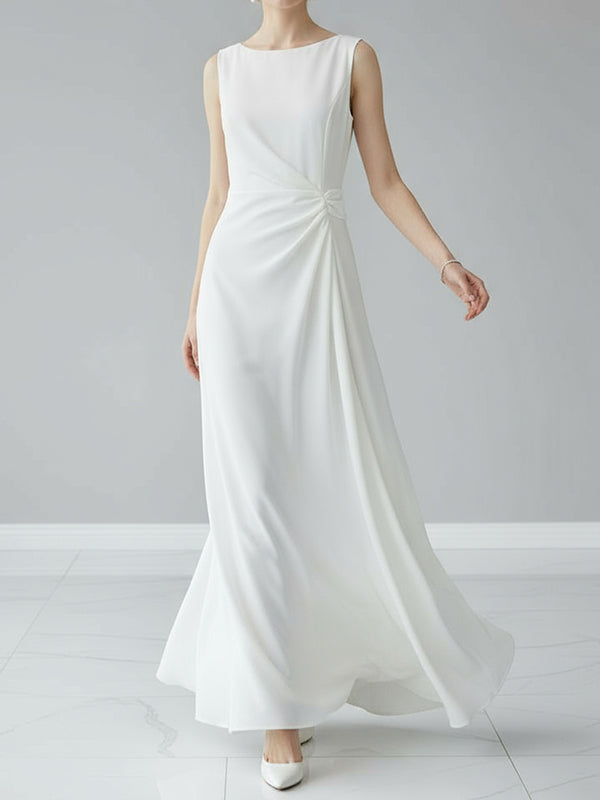 Olivia Bennet | Sleeveless Gauze Pleated Solid Color Split-Joint Round-Neck Evening Dresses Maxi Dresses