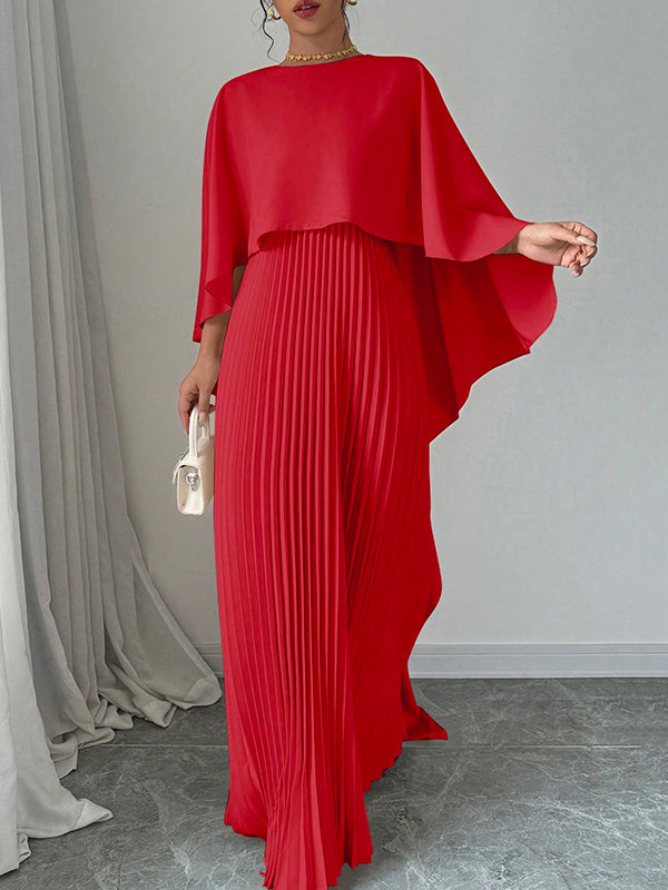Olivia Bennet | Cape High-Low Pleated Solid Color Split-Joint Round-Neck Evening Dresses Maxi Dresses