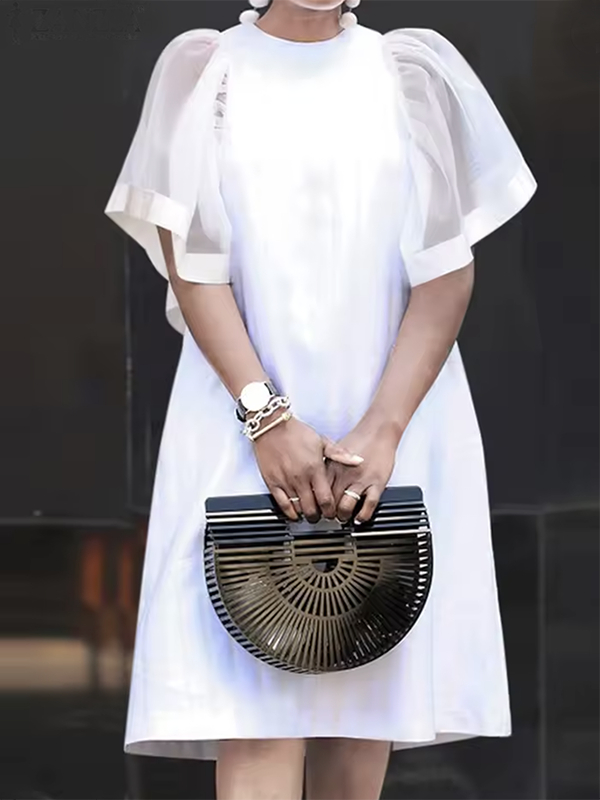Olivia Bennet | Short Sleeves Pleated See-Through Solid Color Split-Joint Round-Neck Mini Dresses