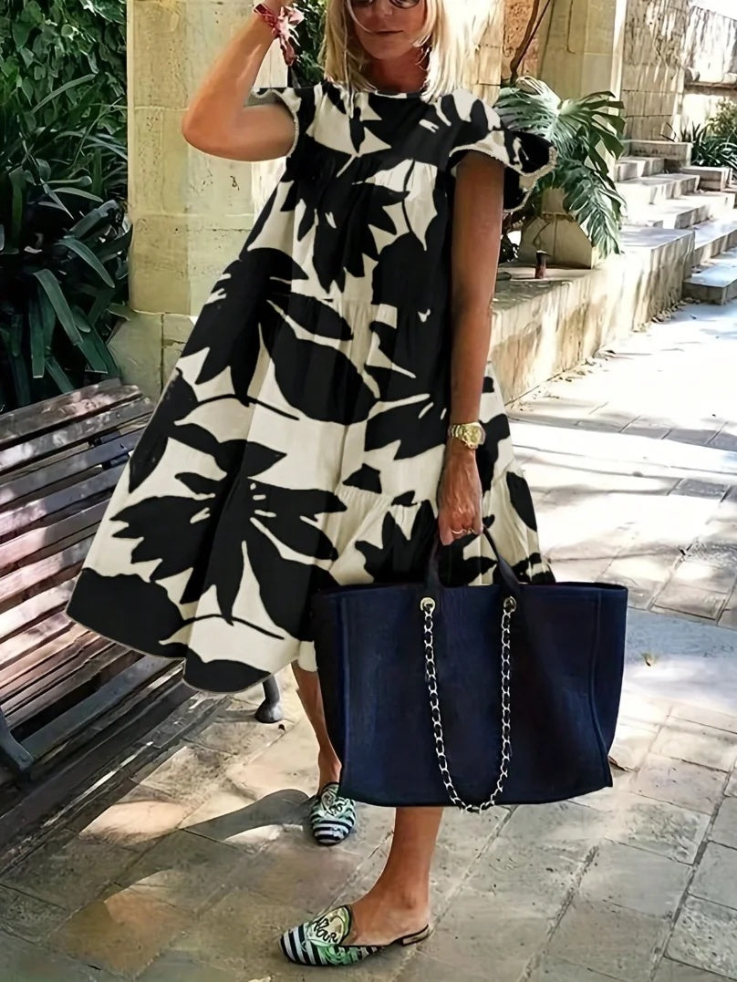 Olivia Bennet | Loose Ruffle Sleeves Flower Print Pleated Round-Neck Midi Dresses