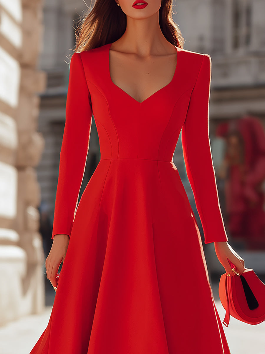 Olivia Bennet | Elegant Red V - Neck Midi Fit - And - Flare Dress