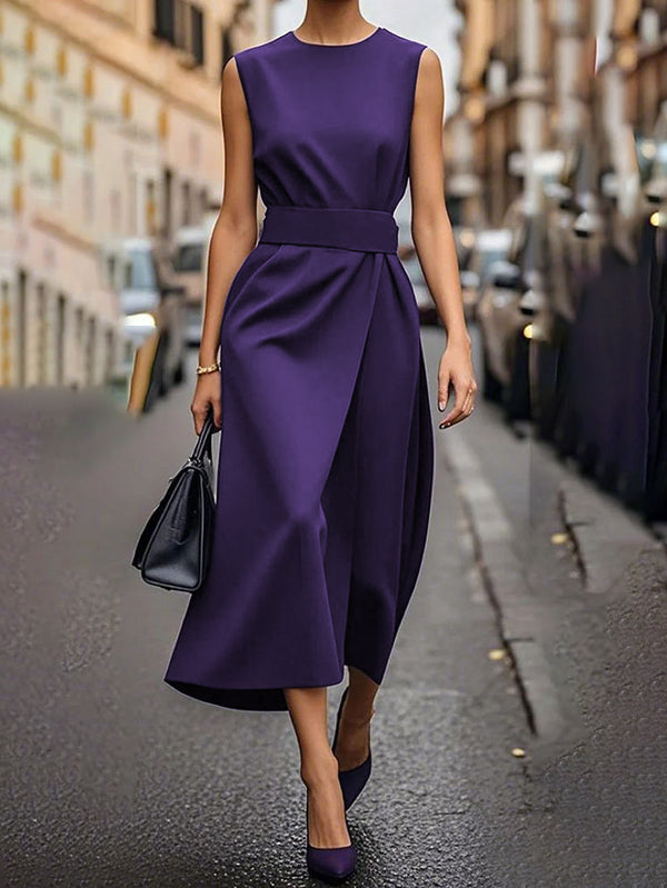 Olivia Bennet | High Waisted Loose Pleated Solid Color Round-Neck Midi Dresses