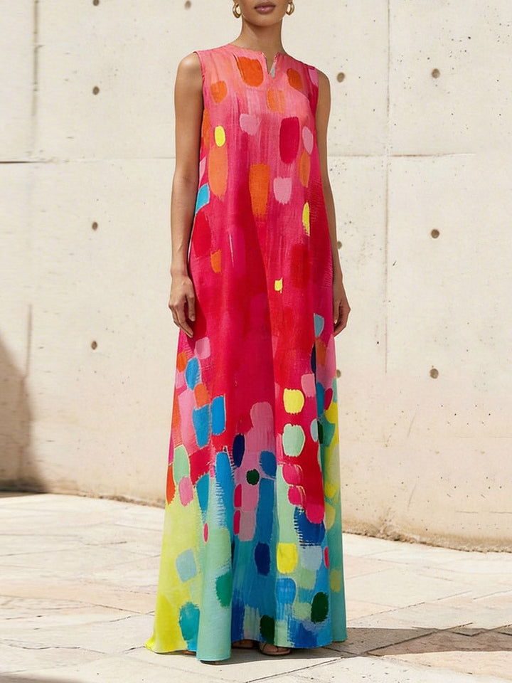 Olivia Bennet | Loose Sleeveless Contrast Color Printed V-Neck Maxi Dresses