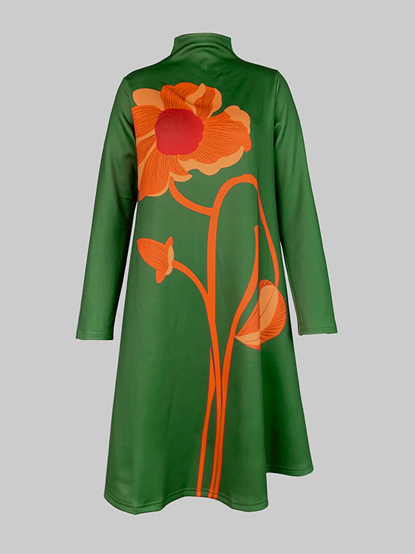 Olivia Bennet | A-Line Long Sleeves Flower Print Split-Joint High Neck Midi Dresses