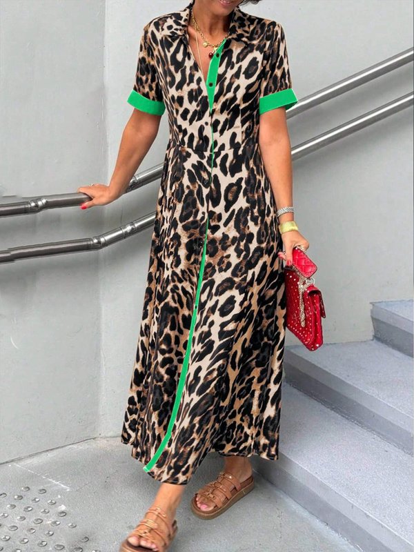 Olivia Bennet | Loose Short Sleeves Buttoned Contrast Color Leopard Lapel Maxi Dresses Shirt Dress
