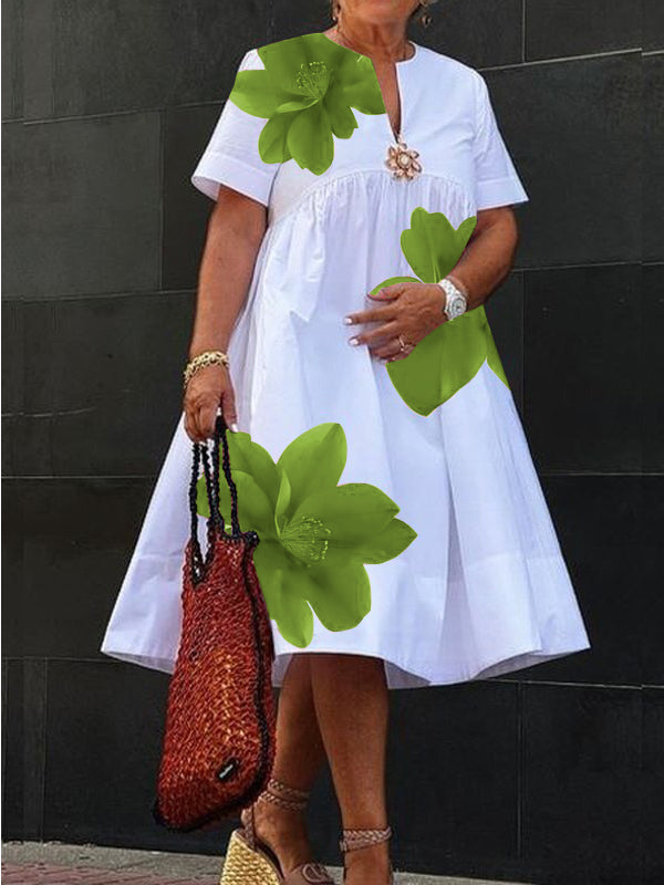 Olivia Bennet | A-Line Loose Flower Print Pleated V-Neck Midi Dresses