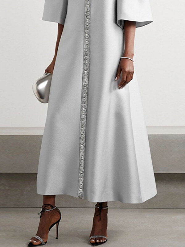 Olivia Bennet | Flared Sleeves Half Sleeves Shiny Solid Color Round-Neck Midi Dresses