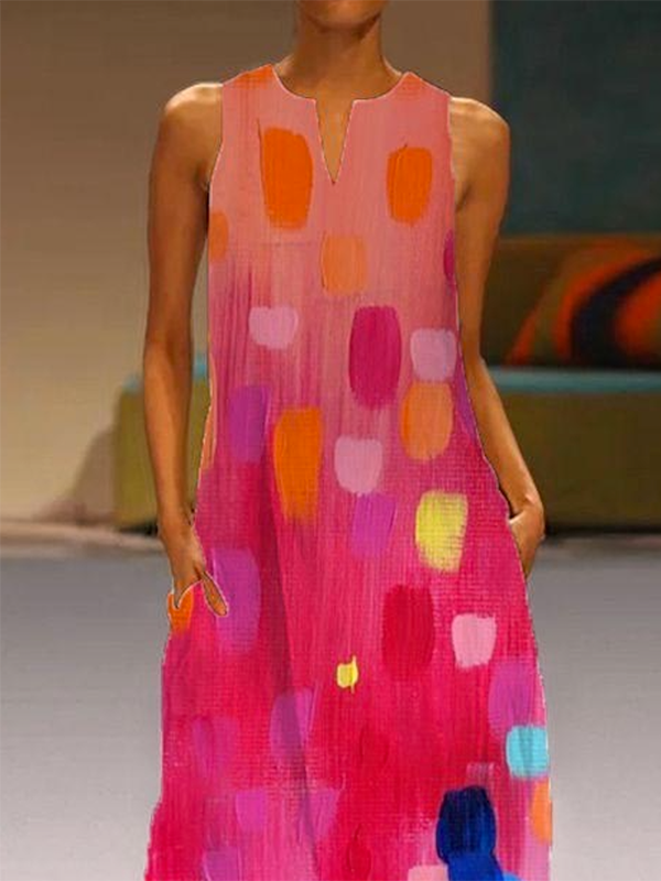 Olivia Bennet | Loose Sleeveless Contrast Color Printed V-Neck Maxi Dresses