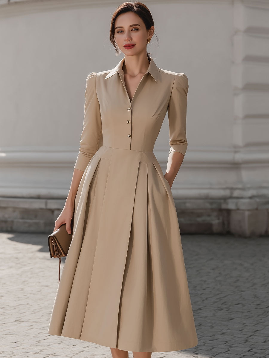 Olivia Bennet | Beige Shirt-Collar Pleated Midi Dress