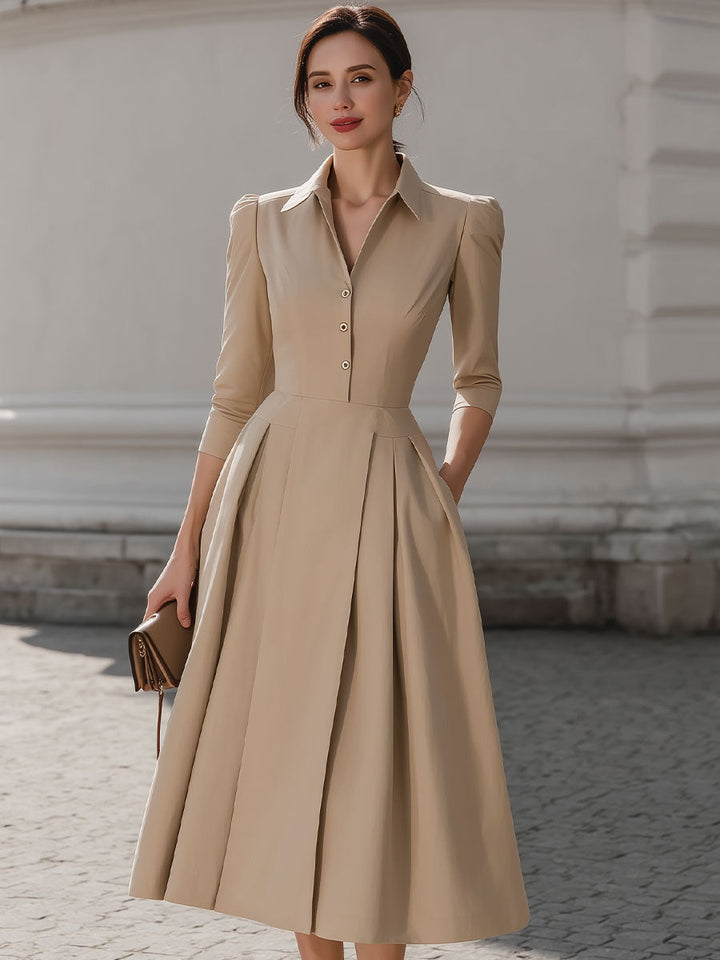 Olivia Bennet | Beige Shirt-Collar Pleated Midi Dress