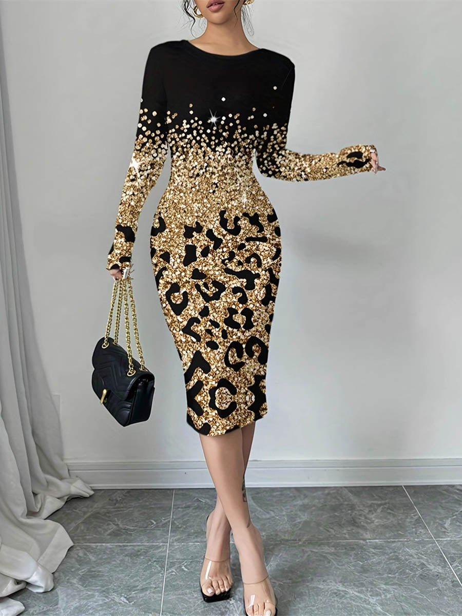 Olivia Bennet | Bodycon Long Sleeves Contrast Color Leopard Shiny Split-Joint Round-Neck Midi Dresses
