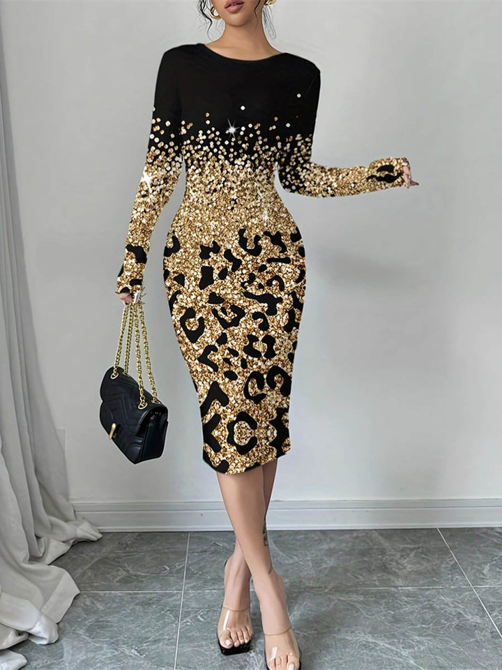 Olivia Bennet | Bodycon Long Sleeves Contrast Color Leopard Shiny Split-Joint Round-Neck Midi Dresses
