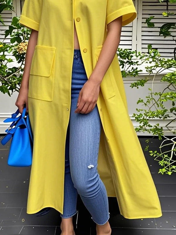 Olivia Bennet | Loose Short Sleeves Buttoned Pockets Solid Color Stand Collar Blouse Outerwear Midi Dress