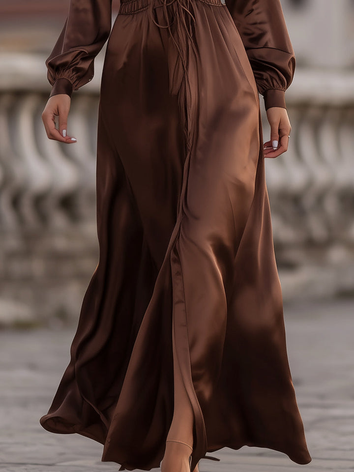 Olivia Bennet | Olivia Bennet Satin Cinched Waist Maxi Dress In Mocha Brown