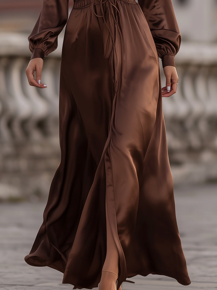 Olivia Bennet | Mocha Brown Cinched-Waist Maxi Satin Dress