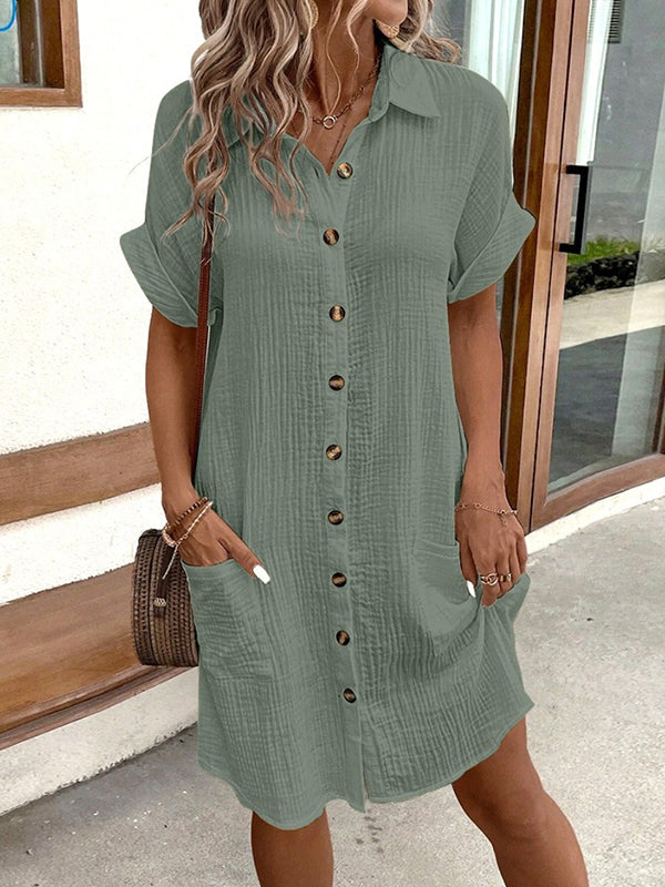 Olivia Bennet | Loose Short Sleeves Buttoned Pockets Lapel Mini Dresses