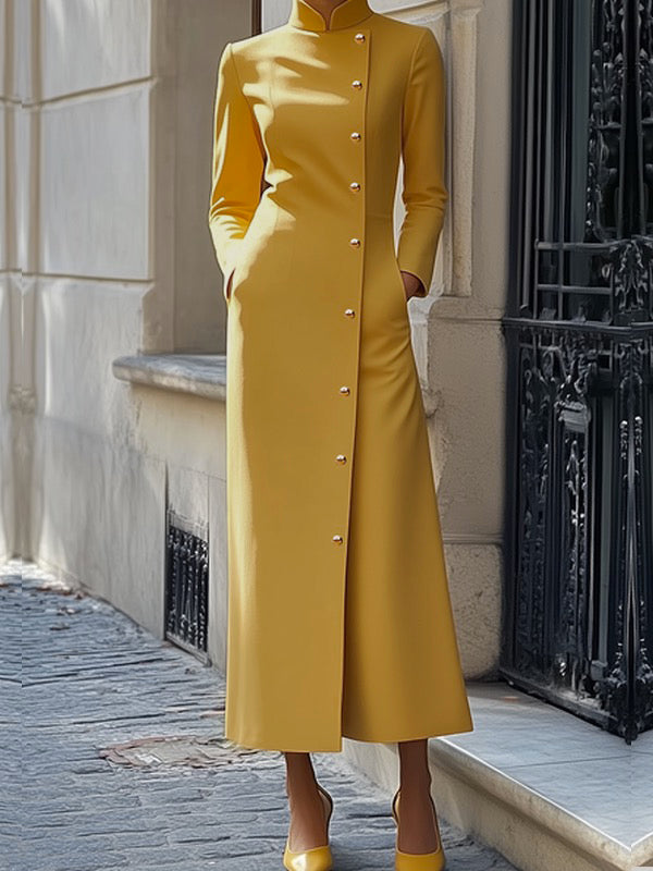 Olivia Bennet | Long Sleeves Loose Buttoned Pockets Solid Color Split-Joint Stand Collar Maxi Dresses