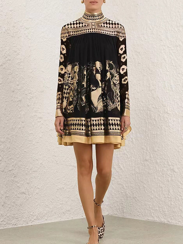 Olivia Bennet | A-Line Long Sleeves Bronzing Printed Split-Joint Mock Neck Mini Dresses
