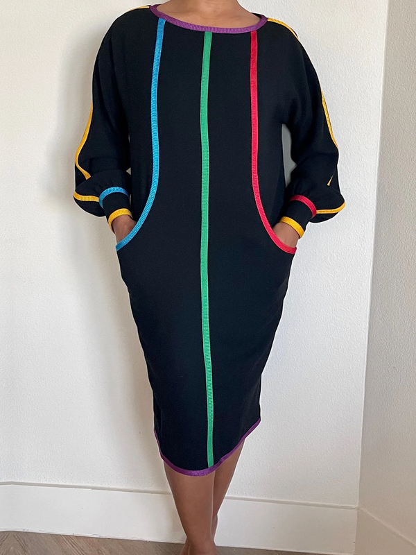 Olivia Bennet | Long Sleeves Puff Sleeves Contrast Color Pockets Round-Neck Midi Dresses