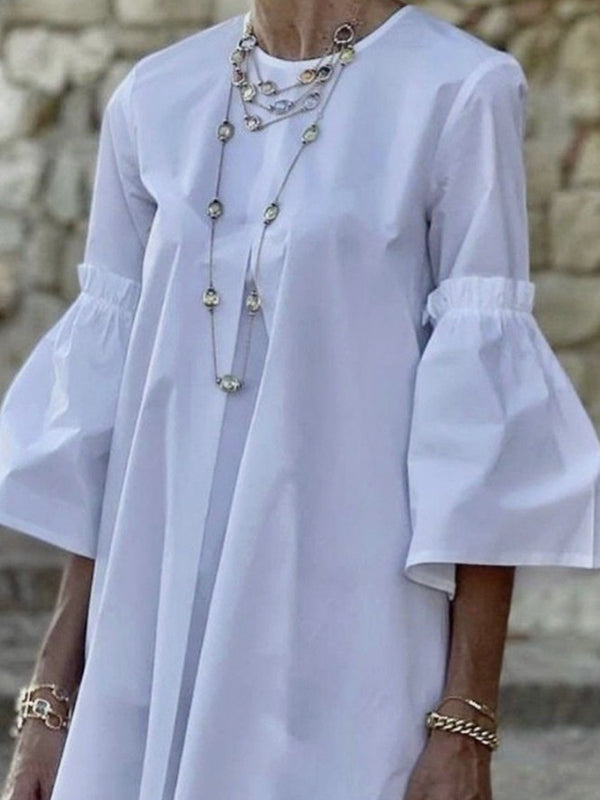 Olivia Bennet | Flared Sleeves Half Sleeves Solid Color Round-Neck Mini Dresses