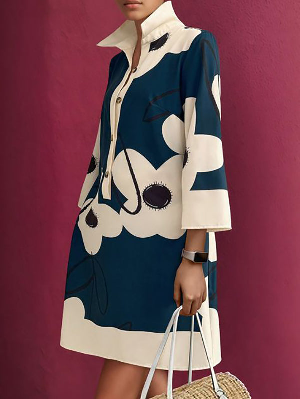 Olivia Bennet | A-Line Loose Buttoned Flower Print Stand Collar Mini Dresses